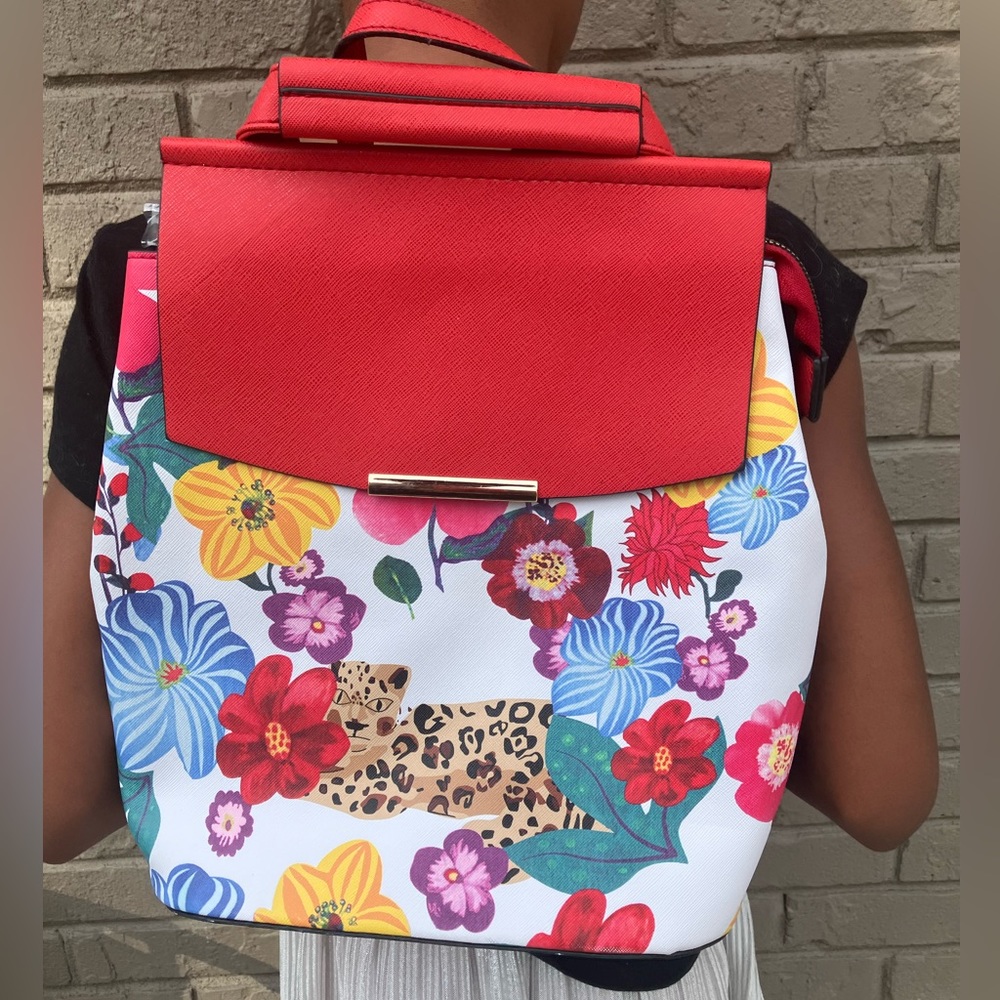 Red Flower Leopard Vegan Leather Backpack/Satchel College Back to School